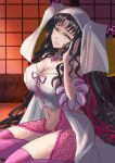  1girl bangs bare_shoulders black_hair breasts chest_tattoo cleavage collarbone dress facial_mark fate/extra fate/extra_ccc fate_(series) forehead_mark grin highres horns ksfactory large_breasts long_hair long_sleeves looking_at_viewer parted_bangs pink_thighhighs sesshouin_kiara sideboob smile solo tattoo thighhighs thighs veil very_long_hair wavy_hair white_dress wide_sleeves yellow_eyes 