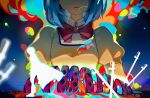  2girls absurdres blood blood_on_face blue_background blue_blood blue_hair bow bowtie cape chinese_commentary commentary_request dual_persona explosion facing_viewer head_out_of_frame highres jacket kong_tiao_bo_zi long_sleeves mahou_shoujo_madoka_magica miki_sayaka mitakihara_school_uniform multiple_girls open_mouth planted planted_sword puffy_long_sleeves puffy_sleeves red_bow red_bowtie school_uniform short_hair silhouette size_difference sliced_meat standing stylized_blood surreal sword tears upper_body weapon yellow_jacket 
