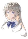  1girl artist_name bangs banned_artist blue_bow blue_bowtie bow bowtie cropped_shoulders grey_hair highres long_hair looking_at_viewer midori_foo original parted_lips portrait purple_eyes shirt simple_background solo white_background white_shirt 
