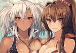  2girls blush breasts brown_hair cleavage closed_mouth collarbone glasses hair_between_eyes kantai_collection kasumi_(skchkko) large_breasts long_hair looking_at_viewer multiple_girls musashi_(kancolle) parted_lips ponytail portrait red_eyes smile two_side_up white_hair yamato_(kancolle) 