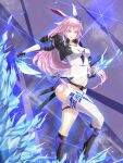  1girl absurdres animal_ears bangs black_footwear black_gloves black_jacket black_shorts boots breasts fox_ears gloves hair_ornament half-closed_eyes highres holding holding_sword holding_weapon honkai_(series) honkai_impact_3rd ice jacket katana kingofdraw long_hair looking_at_viewer pink_hair purple_eyes shirt shorts single_thighhigh sleeves_past_elbows smile solo sword thighhighs tongue tongue_out weapon white_shirt white_thighhighs yae_sakura yae_sakura_(goushinnso_memento) 