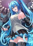  1girl aqua_eyes aqua_hair aqua_nails armpits breasts commentary_request hatsune_miku highres inue_ao long_hair looking_at_viewer medium_breasts microphone nail open_mouth skirt solo tattoo tears thighs twintails very_long_hair vocaloid zettai_ryouiki 