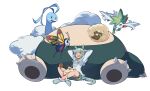  1girl absurdres altaria animal_ears arms_behind_head beautifly blue_eyes ear_covers flower fuyukayui hair_flower hair_ornament highres horse_ears horse_girl horse_tail light_green_hair long_sleeves meowth mixed-language_commentary one_eye_closed pokemon seiun_sky_(umamusume) short_hair single_ear_cover snorlax tail trait_connection umamusume whimsicott 