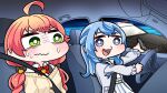  2girls ahoge aiming between_breasts blue_choker blue_eyes blue_hair bow breasts car car_interior choker dress driving green_eyes ground_vehicle hair_bow highres hololive komainu_channel low_twintails medium_breasts motor_vehicle multiple_girls nervous open_mouth pink_hair pleated_dress police_car sailor_dress sakura_miko seatbelt smile sweat twintails virtual_youtuber wavy_hair 