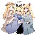  3girls :d alice_(black_souls) apron apron_lift bangs black_hairband black_souls blonde_hair blue_eyes bright_pupils buttons center_frills closed_mouth dress edith_(black_souls) frills grey_dress hair_between_eyes hair_ribbon hairband hand_up hands_on_hips korean_text long_hair long_sleeves lorina_(black_souls) multiple_girls nyong_nyong open_mouth parted_bangs puffy_short_sleeves puffy_sleeves red_ribbon ribbon short_hair short_sleeves sidelocks simple_background smile twintails v-shaped_eyebrows white_background white_pupils wide_sleeves 