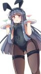  1girl :&lt; absurdres animal_ears arms_up ass_visible_through_thighs bare_shoulders black_leotard black_pantyhose blue_hair blush breasts covered_navel fake_animal_ears fishnet_legwear fishnets flying_sweatdrops garter_straps highres idolmaster idolmaster_cinderella_girls idolmaster_cinderella_girls_starlight_stage leotard long_hair pantyhose playboy_bunny rabbit_ears red_eyes sajo_yukimi simple_background small_breasts solo strapless strapless_leotard thighs tray umberblack waitress white_background 