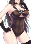 1girl alternate_costume beidou_(genshin_impact) black_choker black_gloves black_hair black_leotard black_thighhighs breasts cai_yuan choker cleavage commentary_request elbow_gloves eyepatch fingerless_gloves genshin_impact gloves hair_ornament hand_on_hip highres leotard long_hair looking_at_viewer out_of_frame sidelocks simple_background sleeveless smile solo strapless strapless_leotard thighhighs white_background 