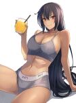  1girl black_hair breasts cleavage closed_mouth clothes_writing collarbone cowboy_shot cup drink drinking_straw hair_between_eyes highres holding holding_cup kantai_collection kasumi_(skchkko) large_breasts long_hair nagato_(kancolle) navel orange_eyes smile solo white_background 
