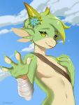  accessory anthro bandage bandaged_arm cloud female flower flower_in_hair gesture hair hair_accessory hi_res horn hybrid kanya_the_drakkonid_(darkflamewolf) lanhai legend_of_ahya mammal nude plant reptile scalie solo straps waving waving_at_viewer 