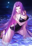  1girl bangs bare_shoulders beach black_swimsuit breasts cleavage collarbone covered_navel fate/stay_night fate_(series) forehead full_moon high_heels highleg highleg_swimsuit highres kneeling large_breasts long_hair looking_at_viewer medusa_(fate) medusa_(rider)_(fate) moon night night_sky nr_noir ocean one-piece_swimsuit parted_bangs purple_eyes purple_hair shore sidelocks sky smile solo swimsuit thighs very_long_hair 