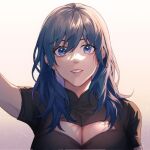  1girl bangs black_shirt blue_eyes blue_hair breasts byleth_(fire_emblem) byleth_(fire_emblem)_(female) cleavage cleavage_cutout clothing_cutout fire_emblem fire_emblem:_three_houses gradient gradient_background grey_background kyounatsuuu long_hair looking_at_viewer shirt short_sleeves solo upper_body 
