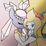  2022 blonde_hair clothing diancie duo eyes_closed female gradient_background grey_body hair happy headgear headwear holding_partner humanoid jirachi kissing_cheek legendary_pok&eacute;mon male malegardevoir nintendo not_furry pok&eacute;mon pok&eacute;mon_(species) romantic romantic_couple simple_background smile video_games 