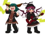  2girls animal_ears bird_ears bird_wings black_dress black_footwear blackbad blush boots brown_headwear choujuu_gigaku closed_mouth dog_ears dress earrings electric_guitar frilled_dress frills full_body green_hair guitar hair_between_eyes hat holding holding_instrument instrument jewelry kasodani_kyouko knee_boots long_sleeves multiple_girls music mystia_lorelei open_mouth pink_eyes pink_hair playing_instrument short_hair shouting single_earring smile teeth touhou upper_teeth white_wings winged_hat wings 