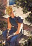  1boy armor belt blonde_hair blue_eyes blue_pants blue_shirt blurry blurry_foreground boots cloud_strife final_fantasy final_fantasy_vii final_fantasy_vii_remake flower foliage gloves holding holding_flower looking_to_the_side male_focus own_hands_together pants parted_lips shirt short_hair shoulder_armor sitting sleeveless sleeveless_turtleneck solo spiked_hair stairs suspenders thar_chandran turtleneck 