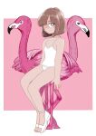  1girl amamams bird blue_eyes bob_cut brown_hair casual_one-piece_swimsuit expressionless flamingo frilled_swimsuit frills highres invisible_chair looking_to_the_side one-piece_swimsuit original pink_background sandals short_hair sitting swimsuit 