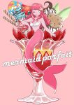  1girl amamams bangs blunt_bangs breasts candy cleavage english_text food fruit highres ice_cream leaning lollipop long_hair melon mermaid monster_girl one_eye_closed original oversized_food parfait pink_background pink_eyes pink_hair shell shell_bikini smile solo starfish starfish_hair_ornament strawberry swirl_lollipop wavy_hair 