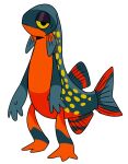  ambiguous_gender anthro blue_body fish half-closed_eyes hi_res imperatorcaesar marine narrowed_eyes orange_body red_body simple_background solo spots spotted_body standing yellow_body yellow_spots 