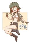  boots bra brown_hair girls_und_panzer gloves helmet helmet-chan_(girls_und_panzer) highres key_(gaigaigai123) military_jacket panties shorts tank_helmet underwear 