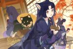  1girl :d animal_ear_fluff animal_ears arknights autumn_leaves baggy_pants beads black_dog black_hair black_kimono bowl brown_eyes commentary dog dog_ears dog_girl english_text facial_mark falling_leaves favilia fingerless_gloves forehead_mark gloves hat holding holding_bowl infection_monitor_(arknights) japanese_clothes kimono lantern leaf long_hair looking_at_viewer maple_leaf multiple_views open_mouth pants pillar prayer_beads praying puffy_sleeves purple_gloves purple_pants saga_(arknights) shiba_inu shrine sitting smile straw_hat tree wooden_floor wooden_lantern 