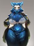  absurd_res abyssal_wolf amber_eyes anthro big_breasts blue_body blue_fur blush bone bra breasts canid canine canis clothed clothing coat elvia female fur hair hi_res huge_breasts looking_at_viewer mammal mask skull skull_mask solo thick_thighs topwear underwear utterangle wolf 