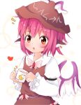  1girl animal_ears bird_ears bird_wings blush brown_dress brown_headwear chinoru cup dress earrings frilled_sleeves frills hair_between_eyes hat highres holding holding_cup jewelry long_sleeves mystia_lorelei open_mouth orange_eyes pink_hair short_hair single_earring solo touhou upper_body white_wings winged_hat wings 