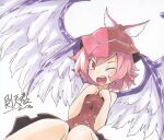  1girl adapted_costume animal_ears artist_name bird_ears bird_wings blush brown_dress brown_headwear dress hat highres mystia_lorelei one_eye_closed open_mouth pink_eyes pink_hair short_hair signature simple_background sleeveless sleeveless_dress smile sokutenkun solo touhou white_background white_wings winged_hat wings 