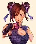  1girl animal_print asymmetrical_bangs bangs breasts brown_hair china_dress chinese_clothes cleavage cleavage_cutout clenched_hand clothing_cutout double_bun dress fighting_stance final_fantasy final_fantasy_vii final_fantasy_vii_remake fingerless_gloves gloves hair_between_eyes hair_bun hair_ornament high_collar large_breasts leopard_print looking_at_viewer materia official_alternate_costume pink_ribbon red_eyes ribbon sleeveless sleeveless_dress solo tassel tassel_hair_ornament thar_chandran tifa_lockhart upper_body 