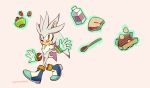  1boy animal_nose artist_name boots egg food fruit furry furry_male gloves licking_lips male_focus milk orange_eyes orphisterical silver_the_hedgehog solo sonic_(series) strawberry telekinesis tongue tongue_out walking white_gloves yellow_eyes 