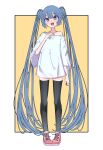  1girl absurdres aqua_eyes bare_shoulders blush border framed hand_on_own_chest hatsune_miku highres light_blue_hair long_hair long_shirt looking_at_viewer loose_sleeves myakuroekako off_shoulder open_mouth pigeon-toed pink_footwear shirt shoes smile sneakers solo t-shirt thighhighs twintails very_long_hair vocaloid wide_sleeves yellow_background zettai_ryouiki 