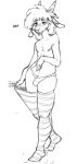  5_fingers anthro balls blush blush_lines bovid bulge caprine clothed clothing clothing_pull crotch_tuft english_text equid fawster_(slendid) fingers genitals goat hair hi_res horn legwear legwear_pull male mammal monochrome navel nipples partially_clothed pattern_clothing pattern_legwear pattern_stockings penis simple_background standing stockings striped_clothing striped_legwear striped_stockings stripes text tongue tongue_out tuft underwear ventox white_background 