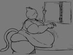  anthro belly big_belly bodily_fluids clyde_(locitony) domestic_cat eyes_closed felid feline felis grey_background greyscale hi_res locitony male mammal monochrome obese obese_anthro obese_male overweight overweight_anthro overweight_male rumbling_stomach simple_background solo sweat 