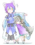  1boy 1girl animal_ear_fluff animal_ears aqua_hair bangs bell blue_robe blush chibi clinging detached_sleeves ears_down fox_boy fox_ears fox_girl fox_tail full_body geta green_hair hair_between_eyes hair_ornament hands_up height_difference hiding hiding_behind_another highres holding_another&#039;s_tail japanese_clothes jingle_bell kamishiro_rui kariginu kusanagi_nene long_hair long_sleeves looking_at_viewer multicolored_hair outstretched_arm peeking_out pom_pom_(clothes) project_sekai purple_eyes purple_hair ribbon-trimmed_sleeves ribbon_trim robe sekai_yoni short_hair sidelocks simple_background socks standing streaked_hair tabi tail tassel very_long_hair white_background white_socks wide_sleeves yellow_eyes 