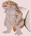  absurd_res anthro brown_spots featureless_crotch fish gills grey_body hand_on_hip hi_res imperatorcaesar male marine markings nude open_mouth orange_body orange_eyes simple_background solo spots spotted_body spotted_markings spotted_neck spotted_tail tail_markings tan_body tan_sclera 