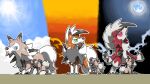  blacknirrow blue_eyes claws cloud day dog evening evolutionary_line fangs glowing glowing_eyes green_eyes highres howling lycanroc lycanroc_(dusk) lycanroc_(midday) lycanroc_(midnight) moon night no_humans open_mouth pokemon pokemon_(creature) red_eyes rockruff sun 