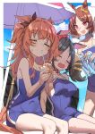  3girls =_= animal_ears bangs bare_shoulders beach_umbrella black_hair blush bottle breasts brown_hair cleavage closed_eyes cloud covered_navel cup drinking drinking_straw fang feet_out_of_frame haruyuki_(gffewuoutgblubh) highres holding holding_bottle holding_cup horse_ears horse_girl horse_tail large_breasts long_hair marvelous_sunday_(umamusume) mayano_top_gun_(umamusume) multiple_girls one-piece_swimsuit open_mouth outdoors rope sakura_laurel_(umamusume) short_hair sitting small_breasts standing sweat swimsuit tail tire towel towel_on_head tracen_swimsuit twintails two_side_up umamusume umbrella 