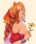  1girl aerith_gainsborough bangs bare_shoulders bracer braid braided_ponytail breasts cape cleavage collarbone dress final_fantasy final_fantasy_vii flower green_eyes hair_ornament hair_ribbon highres holding holding_flower lips long_hair looking_to_the_side medium_breasts off-shoulder_dress off_shoulder official_alternate_costume parted_bangs pink_cape pink_dress ribbon see-through_cape short_sleeves shrug_(clothing) solo thar_chandran upper_body yellow_flower 