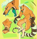  1_eye anthro black_pawpads blue_sclera blue_teeth blue_tongue brown_body brown_fur brown_tail butt claws ears_back featureless_crotch finger_claws forked_tongue front_view fur gloves_(marking) green_claws green_eyes hi_res imperatorcaesar male markings model_sheet muscular muscular_anthro muscular_male nude open_mouth orange_body orange_fur pawpads pivoted_ears rear_view simple_background solo striped_body striped_fur striped_markings striped_tail stripes tail_markings tongue white_body white_fur white_tail 