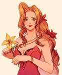  1girl aerith_gainsborough artist_name bangs bare_shoulders bracelet breasts cleavage collarbone dress final_fantasy final_fantasy_vii final_fantasy_vii_remake flower green_eyes hair_flower hair_ornament highres holding holding_flower jewelry light_blush lipstick long_hair looking_at_viewer makeup medium_breasts necklace official_alternate_costume parted_bangs parted_lips ponytail red_dress red_flower red_nails sidelocks solo strapless strapless_dress thar_chandran upper_body wavy_hair yellow_flower 