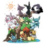  :&gt; :3 autumn_leaves blacknirrow branch eevee evolutionary_line fins flareon flower glaceon highres ice icicle jolteon leaf leafeon moon open_mouth partially_submerged pokemon pokemon_(creature) simple_background sitting smile sun sylveon tail umbreon vaporeon water 