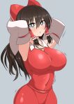  1girl armpits arms_behind_head bangs black_eyes black_hair blue_background blush bow breasts bright_pupils collared_shirt commentary cookie_(touhou) covered_navel cowboy_shot detached_sleeves frilled_hair_tubes frills hair_between_eyes hair_bow hair_tubes hakurei_reimu highres impossible_clothes impossible_shirt large_breasts long_hair looking_at_viewer madore open_mouth red_bow red_shirt red_skirt shinonome_(cookie) shirt sidelocks simple_background skirt skirt_set sleeveless sleeveless_shirt solo touhou white_pupils white_sleeves 