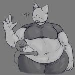  &lt;3 ambiguous_gender anthro belly big_belly bodily_fluids clothed clothing clyde_(locitony) domestic_cat duo embrace eyes_closed felid feline felis grey_background greyscale hug larger_anthro larger_male locitony male mammal monochrome moobs overweight overweight_anthro overweight_male question_mark rumbling_stomach simple_background size_difference smaller_ambiguous smile sweat 