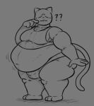 anthro belly big_belly clothed clothing clyde_(locitony) domestic_cat eyes_closed felid feline felis grey_background greyscale hi_res locitony male mammal monochrome moobs overweight overweight_anthro overweight_male question_mark simple_background solo standing 