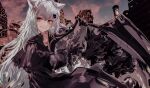  1girl animal_ear_fluff animal_ears arknights black_cloak black_gloves cloak cloud commentary eyebrows_hidden_by_hair gloves grey_eyes grey_hair grey_sky hair_between_eyes hair_ornament hairclip highres jewelry lappland_(arknights) long_hair looking_at_viewer necklace outdoors parted_lips ruins runamonet scar scar_across_eye sharp_teeth shirt skull_necklace smile solo teeth torn_clothes tower white_shirt wolf wolf_ears wolf_girl 