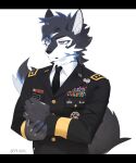  1:1 absurd_res anthro archermagnum army_uniform blue_eyes blue_hair canid canine canis clothing hair hi_res male mammal military_uniform necktie police_officer saltnak solo thunderrangers uniform wolf yellow_eyes 