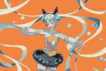  1girl absurdly_long_hair black_skirt bodysuit closed_eyes frilled_skirt frills green_hair grey_sleeves hatsune_miku headphones headset highres long_hair long_sleeves music nemuke2828 odds_&amp;_ends_(vocaloid) open_mouth orange_background orange_bodysuit outstretched_arms outstretched_hand singing skirt solo speaker twintails two-tone_bodysuit very_long_hair vocaloid zettai_ryouiki 