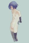  1boy arms_behind_back bangs black_gloves black_thighhighs blue_eyes blue_hair collarbone commentary_request copyright_request cropped_legs elbow_gloves gloves hair_between_eyes highres male_focus nipples nude penis sabuko_(pooooo) short_hair small_penis solo standing thighhighs 