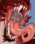  absurd_res anthro black_body black_ears black_fur blue_background bodily_fluids cheek_horn duo fangs fur glistening glistening_tongue hi_res imperatorcaesar machine male mouth_shot open_mouth oral_vore protogen protogen_visor pupils red_body red_fur red_scales saliva saliva_on_tongue saliva_string scales sharp_teeth simple_background slit_pupils teeth tongue tongue_out vore 