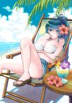  1girl bare_shoulders beach blue_eyes blue_hair blue_sky breasts cloud cocktail_glass cup day drinking_glass flower hair_flower hair_ornament highres leona_heidern ocean palm_tree relaxed sakura_mafumi sand shorts sky solo the_king_of_fighters tree tropical water 