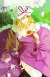  1girl arm_support blonde_hair breasts bug butterfly cleavage closed_mouth collarbone cup dress drill_hair expressionless flower frilled_dress frills from_above grass hair_between_eyes hat hat_ribbon high_heels highres holding holding_cup its8b light_blush lips long_hair looking_afar mob_cap parasol pink_flower purple_dress purple_eyes purple_ribbon ribbon shade sitting solo teacup thigh_strap thighhighs touhou umbrella very_long_hair white_butterfly white_flower white_headwear white_thighhighs yakumo_yukari 
