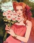  1girl aerith_gainsborough bangle_(animal_crossing) bangs bare_shoulders bouquet breasts brown_hair dress final_fantasy final_fantasy_vii final_fantasy_vii_remake flower green_background green_eyes hair_ribbon happy_birthday holding holding_bouquet jewelry leaf lipstick long_hair makeup medium_breasts necklace official_alternate_costume parted_bangs parted_lips pink_dress pink_flower pink_ribbon pink_rose ribbon rose sidelocks sleeveless sleeveless_dress smile solo thar_chandran upper_body wavy_hair 